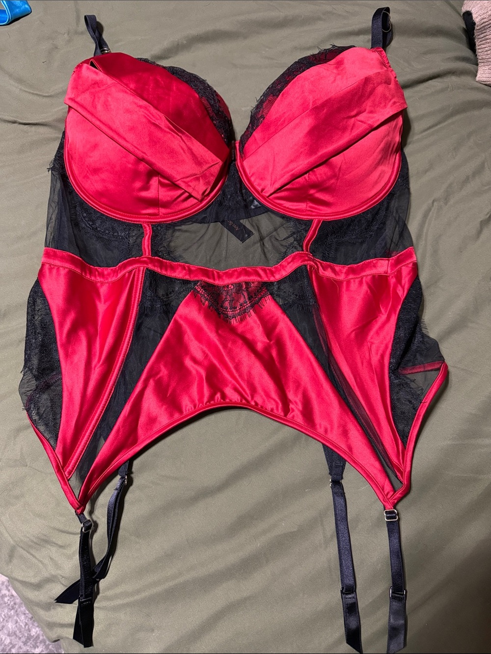 Red and Black Satin Lace Longline Bustier with Adjustable Straps